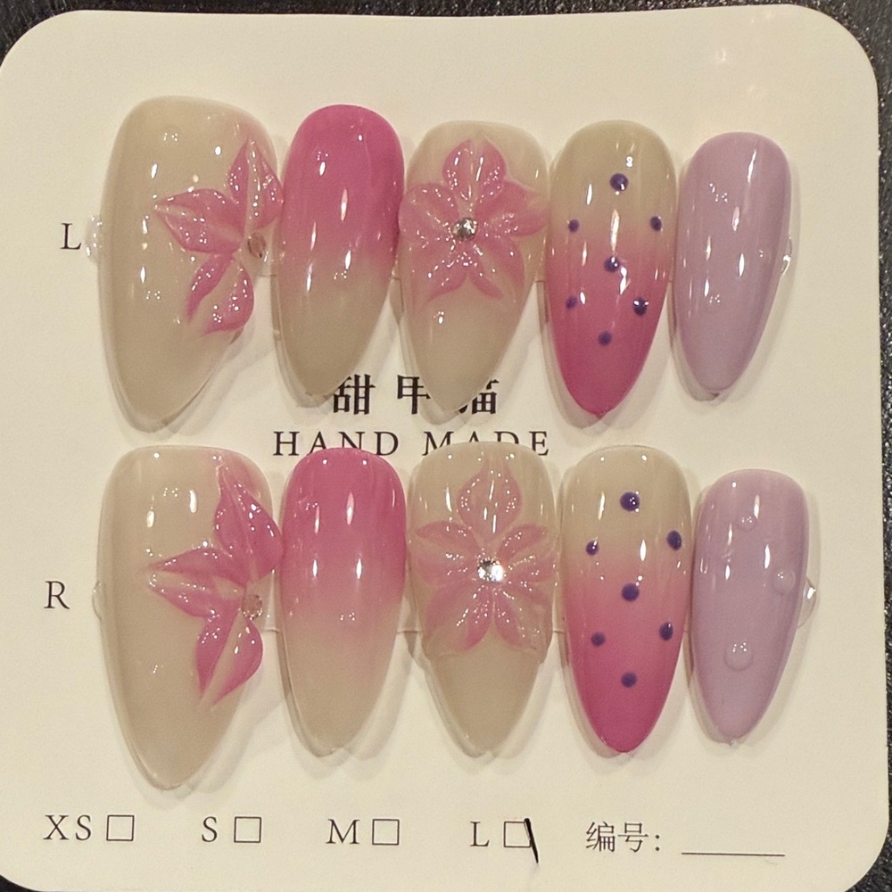 Almond Shape Floral Pink and Purple Press-On Nails